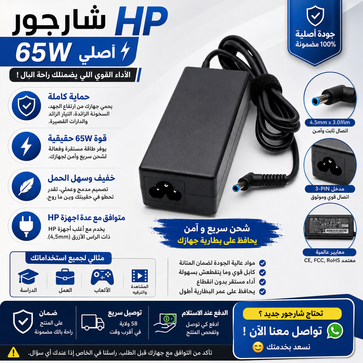 شاحن HP أصلي 65W | رأس أزرق 4.5×3.0mm | شحن سريع وآمن للابتوب